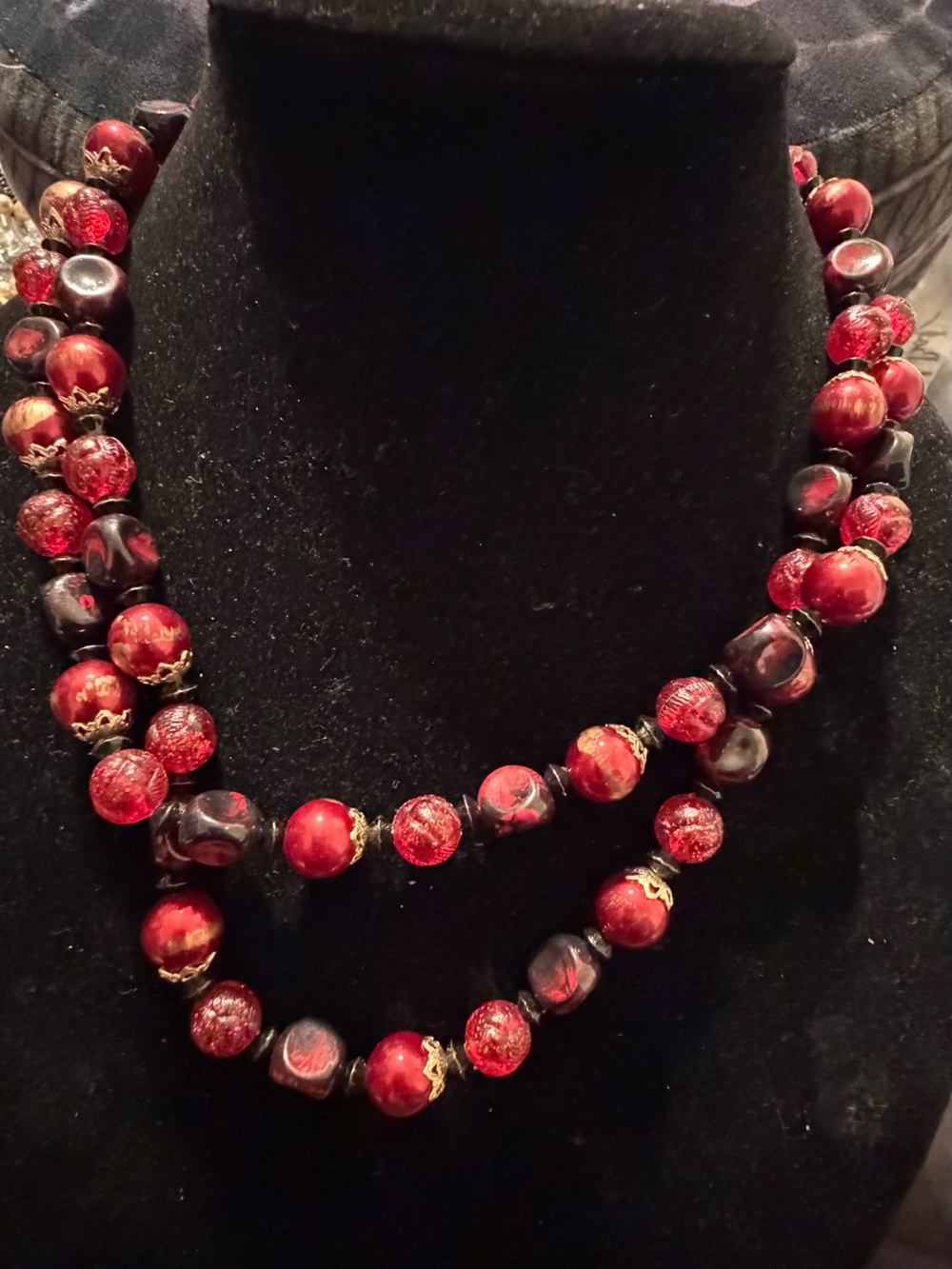Vintage Hong Kong Red Black Double Strand Beaded Statement Necklace Lucite Glass